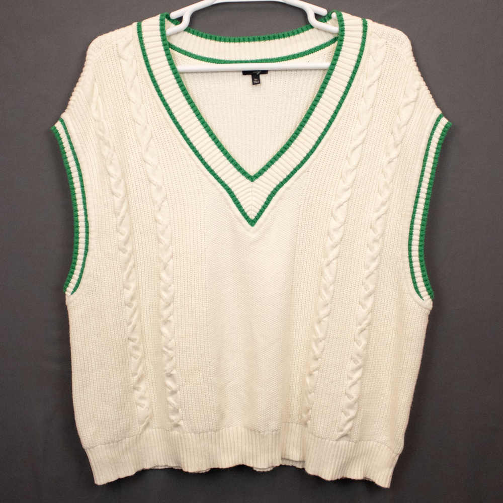 Talbots cream and green cable knit drop shoulder sweater vest-3X